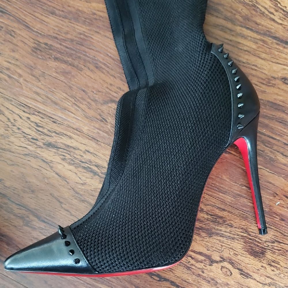 Christian Louboutin Black Studded Mesh Knee High Boots Size 38.5 - Picture 3 of 9